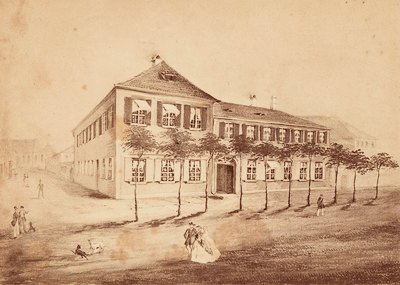 Gebäude des früheren "Clinicum Chirurgicum", Wasserturmstraße 14. Aquarell (fotografische Reproduktion aus Privatbesitz, Kriegsverlust), um 1840. Nachweis: Sammlung Bücking, Erlangen