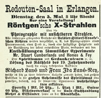 Zeitungsannonce des Ehepaars  Lané für eine >>Vorstellung von Phtographie mit unsichtbaren Strahlen<<, 1896. Archiv des Instituts für Geschichte und Ethik der Medizin Erlangen.